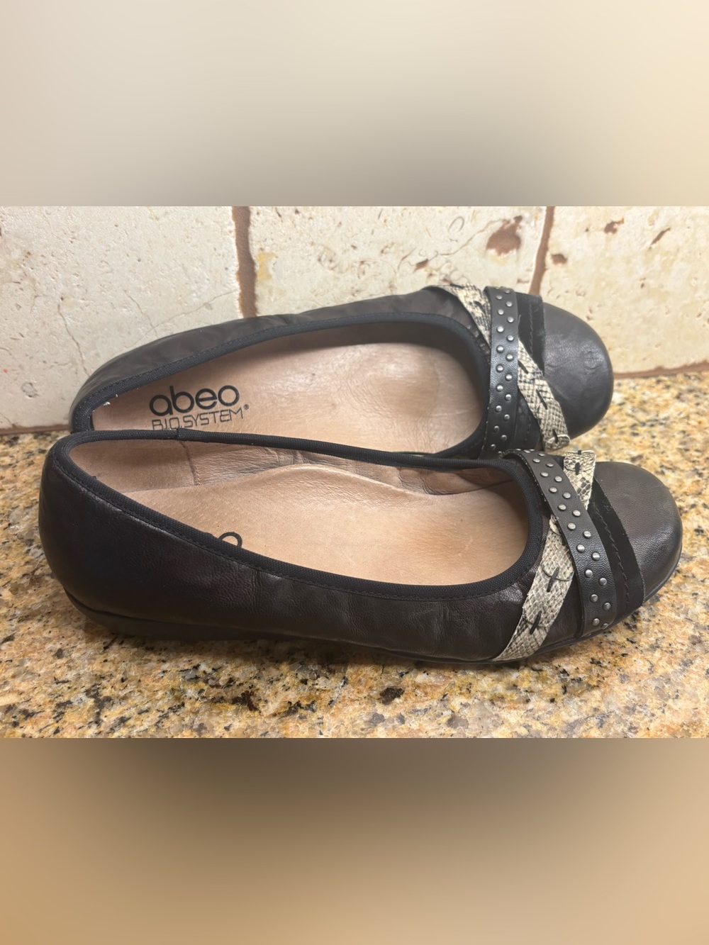 Abeo Black Leather Ballet Flats with Snakeskin-Trim and Studded Strap